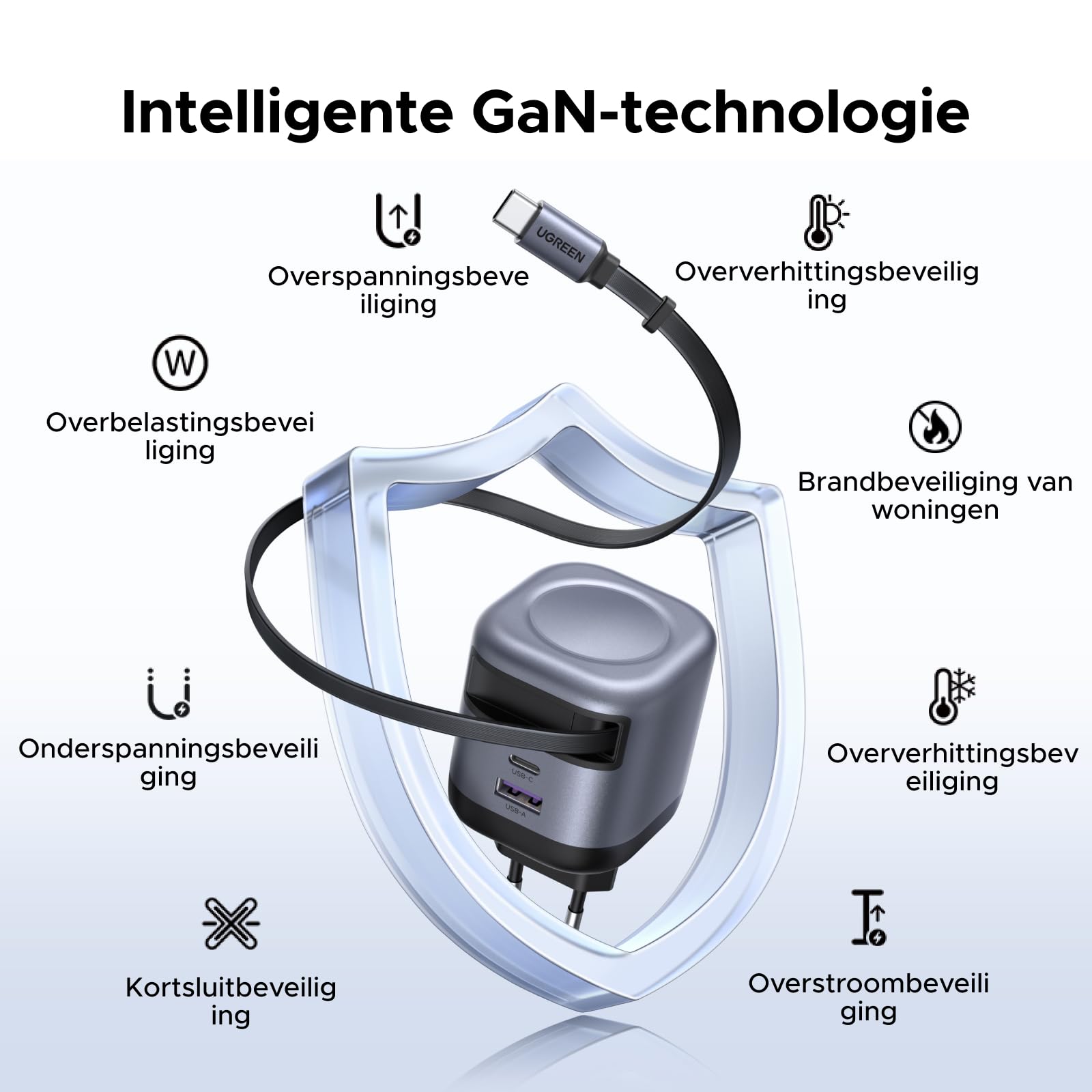 UGREEN Nexode 45W Oplader met Retractable USB - C - kabel