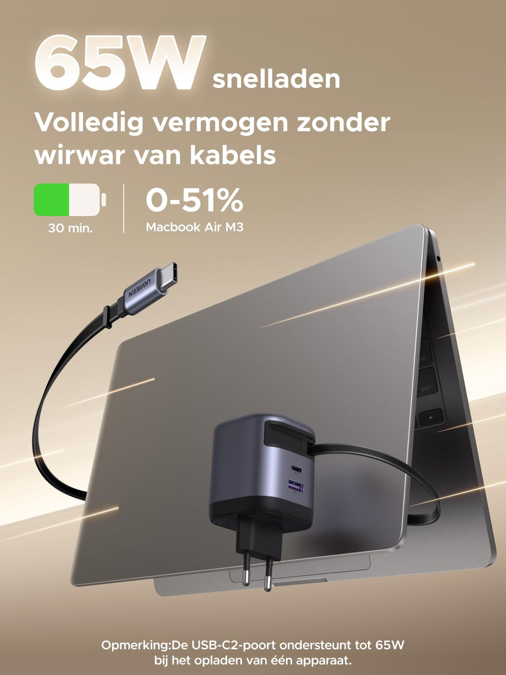 UGREEN Nexode 65W Oplader met Retractable USB - C - kabel