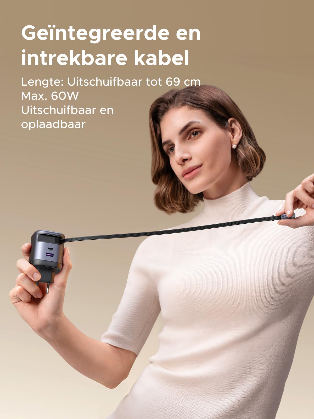 UGREEN Nexode 65W Oplader met Retractable USB - C - kabel