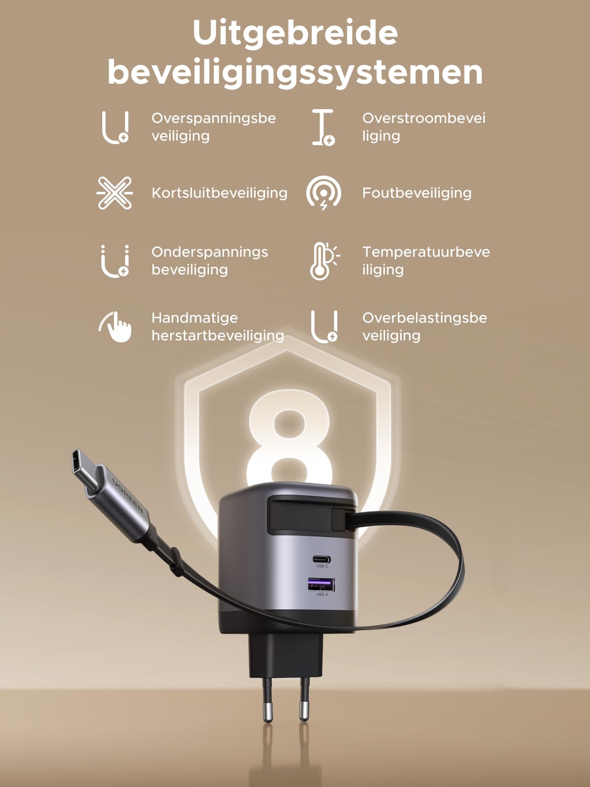 UGREEN Nexode 65W Oplader met Retractable USB - C - kabel