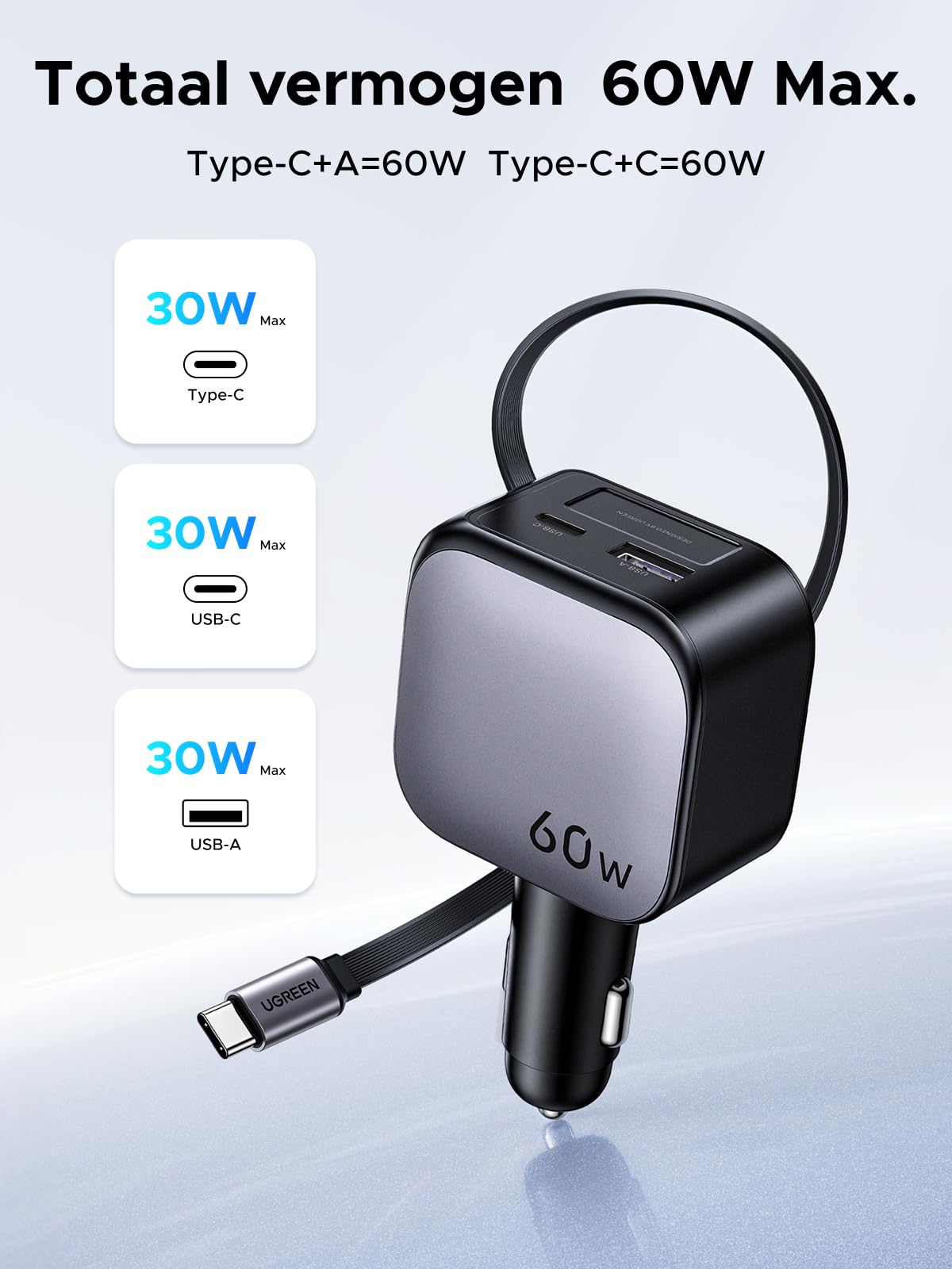 UGREEN Nexode Autolader 60W met Retractable USB - C - kabel