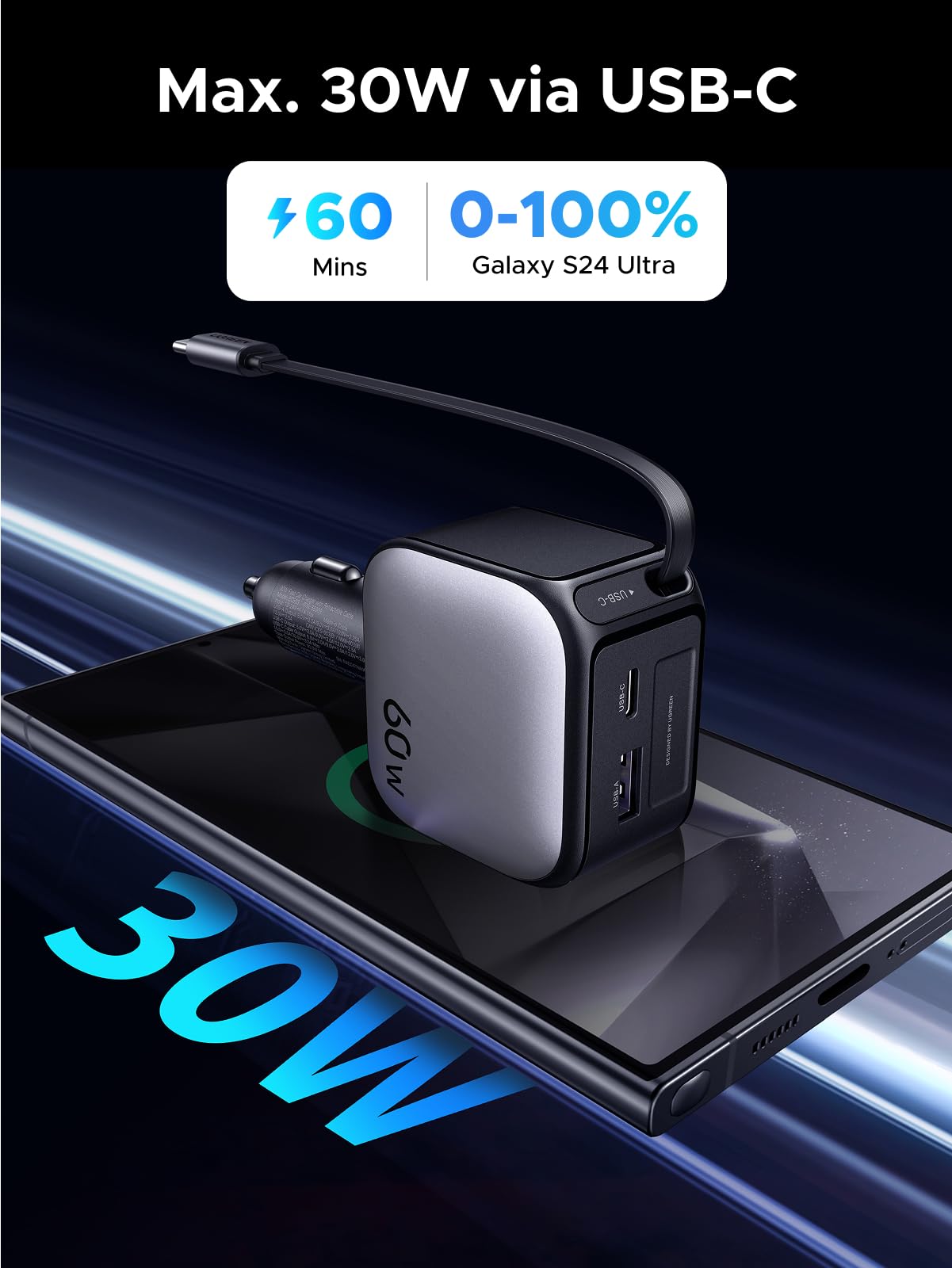 UGREEN Nexode Autolader 60W met Retractable USB - C - kabel