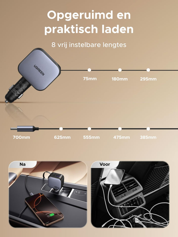 UGREEN Nexode Autolader 90W met Retractable USB - C - kabel