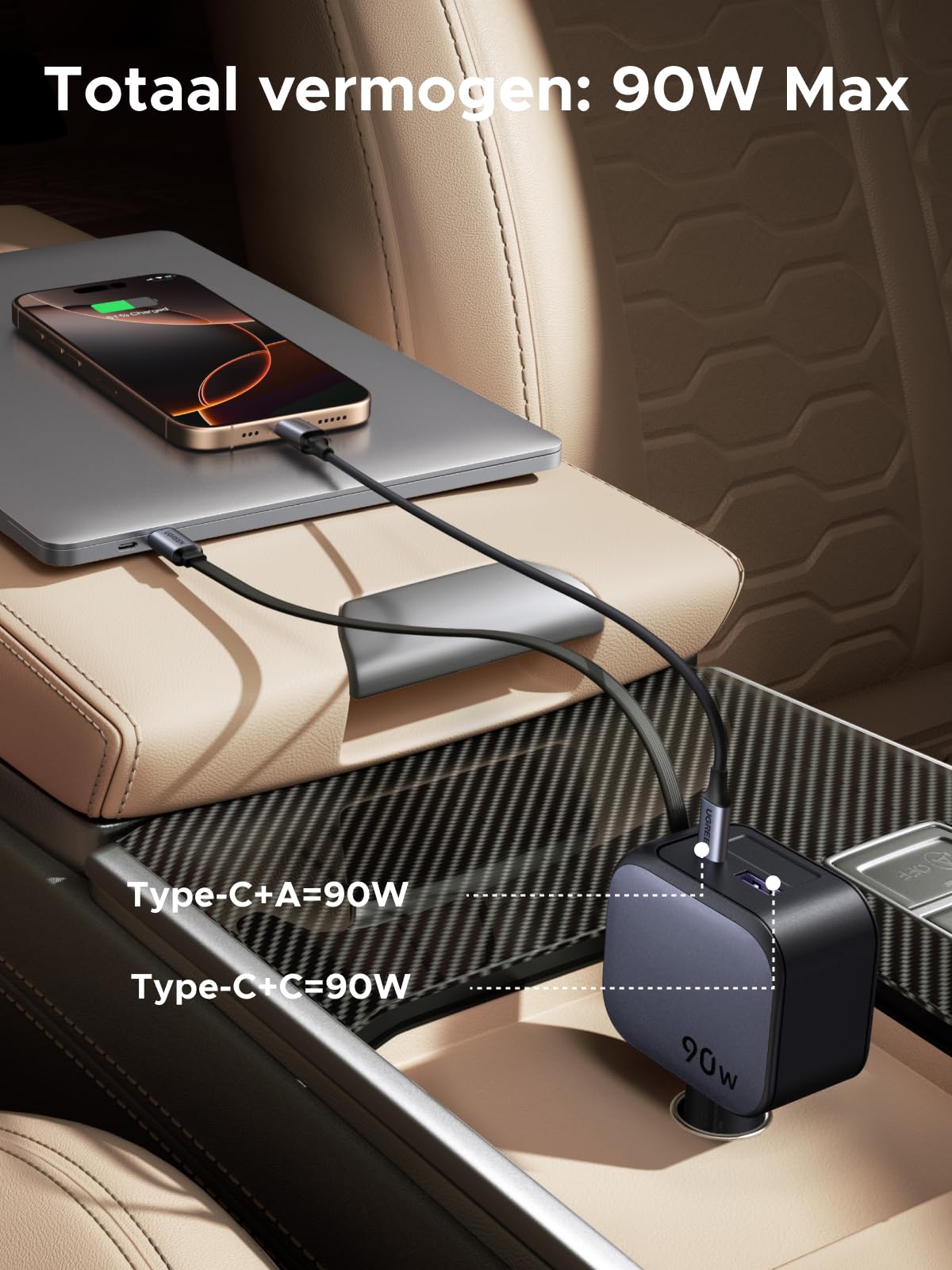 UGREEN Nexode Autolader 90W met Retractable USB - C - kabel