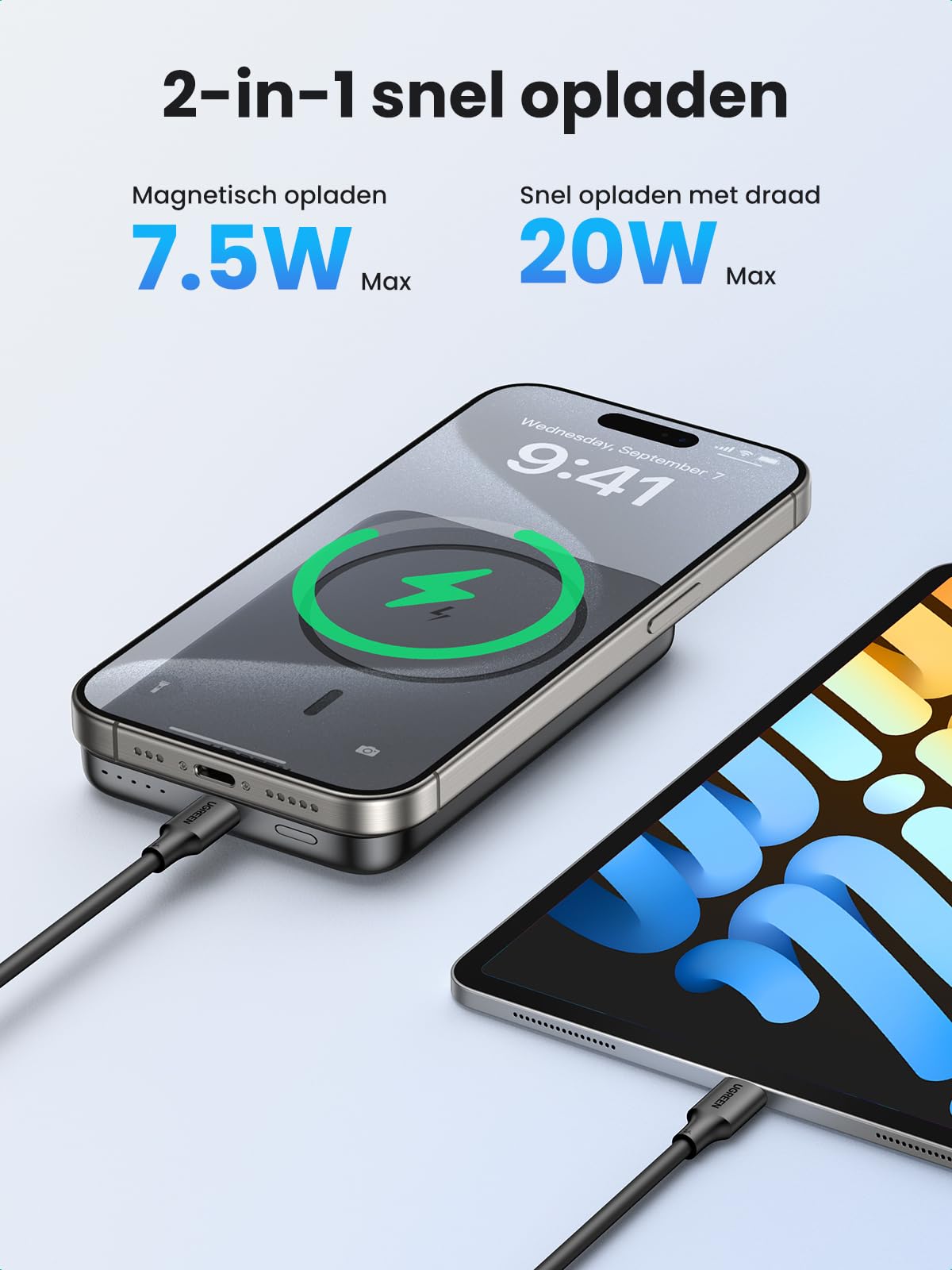 UGREEN Nexode draadloze powerbank 10000 mAh magnetische powerbank met USB - C snellaadfunctie, draadloze externe batterij MagSafe