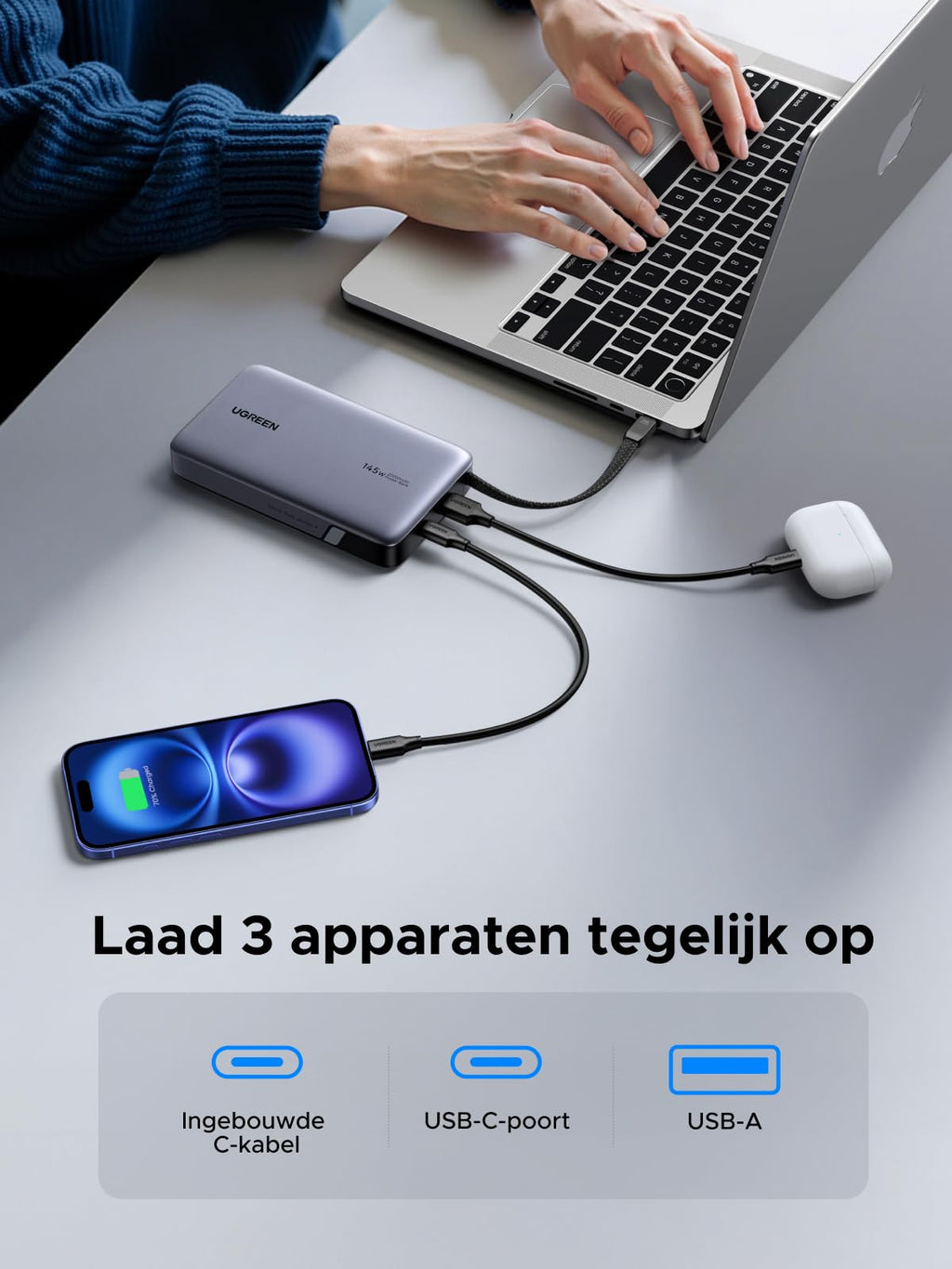 UGREEN Nexode Power Bank (20000mAh, 145W, USB - C geïntegreerde kabel)