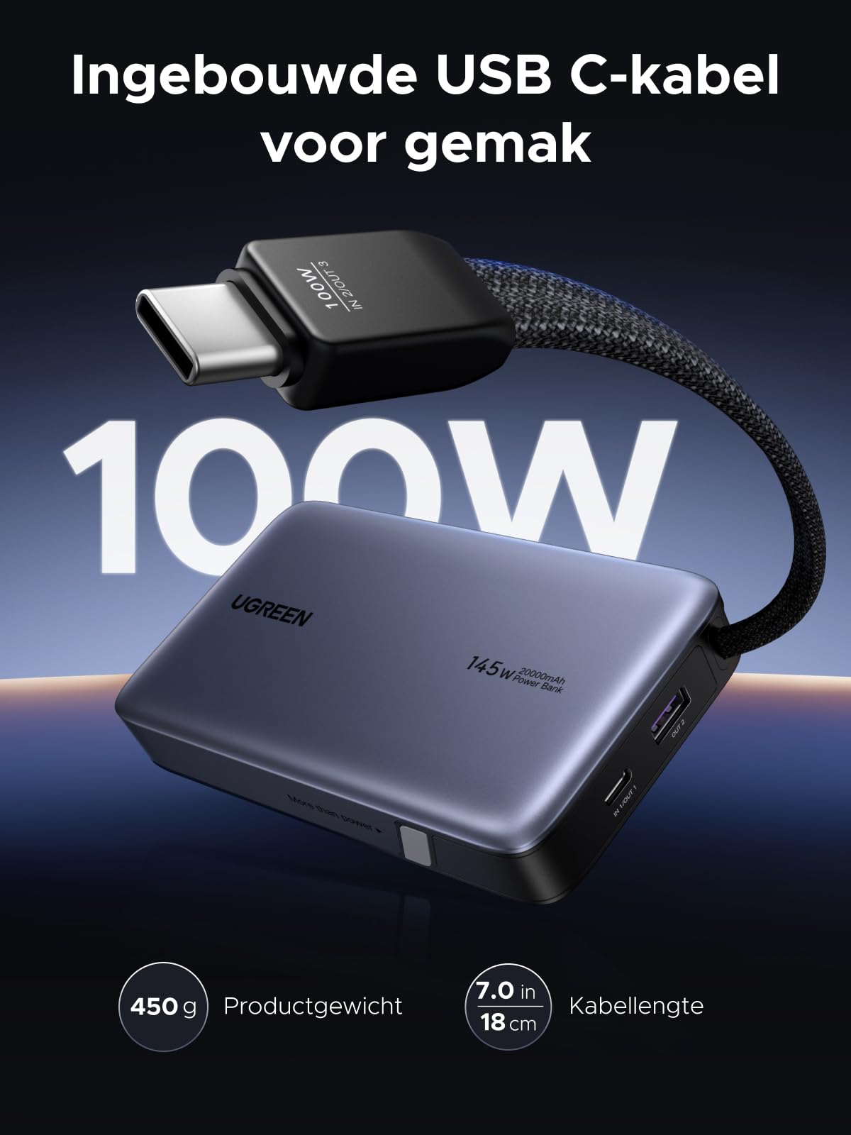 UGREEN Nexode Power Bank (20000mAh, 145W, USB - C geïntegreerde kabel)