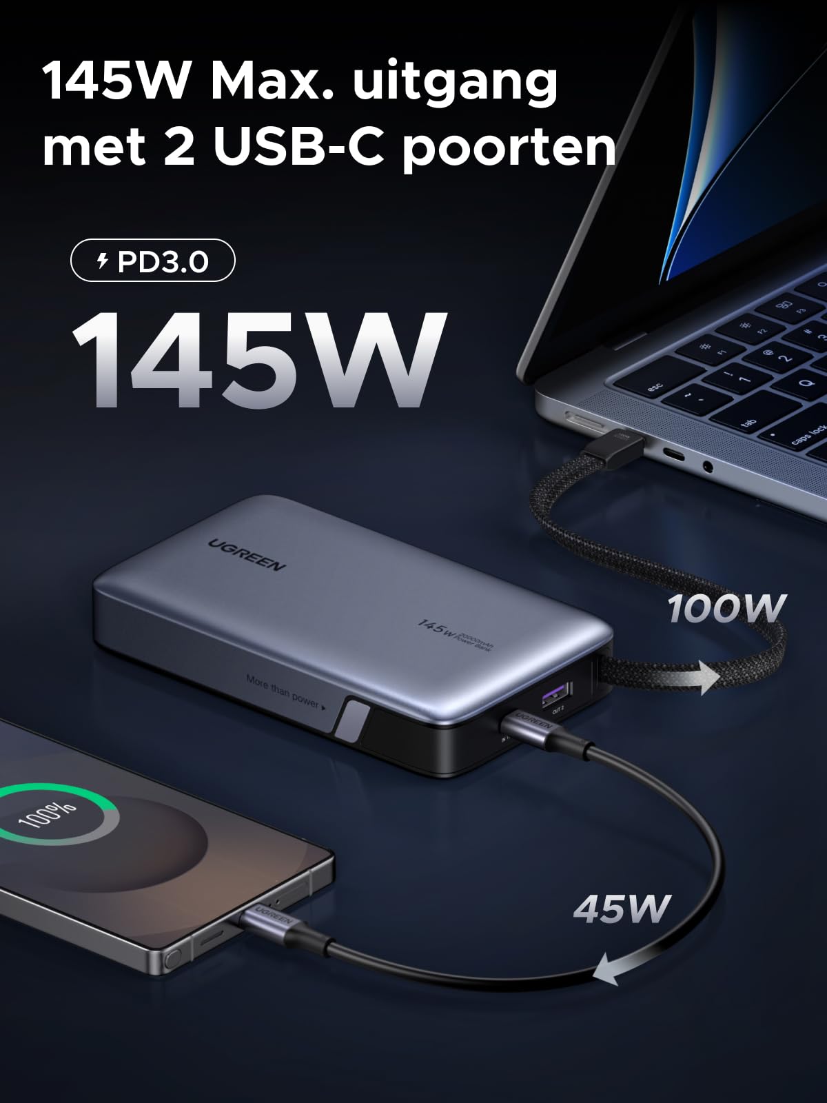 UGREEN Nexode Power Bank (20000mAh, 145W, USB - C geïntegreerde kabel)