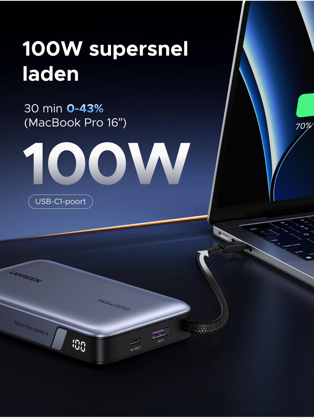 UGREEN Nexode Power Bank (20000mAh, 145W, USB - C geïntegreerde kabel)
