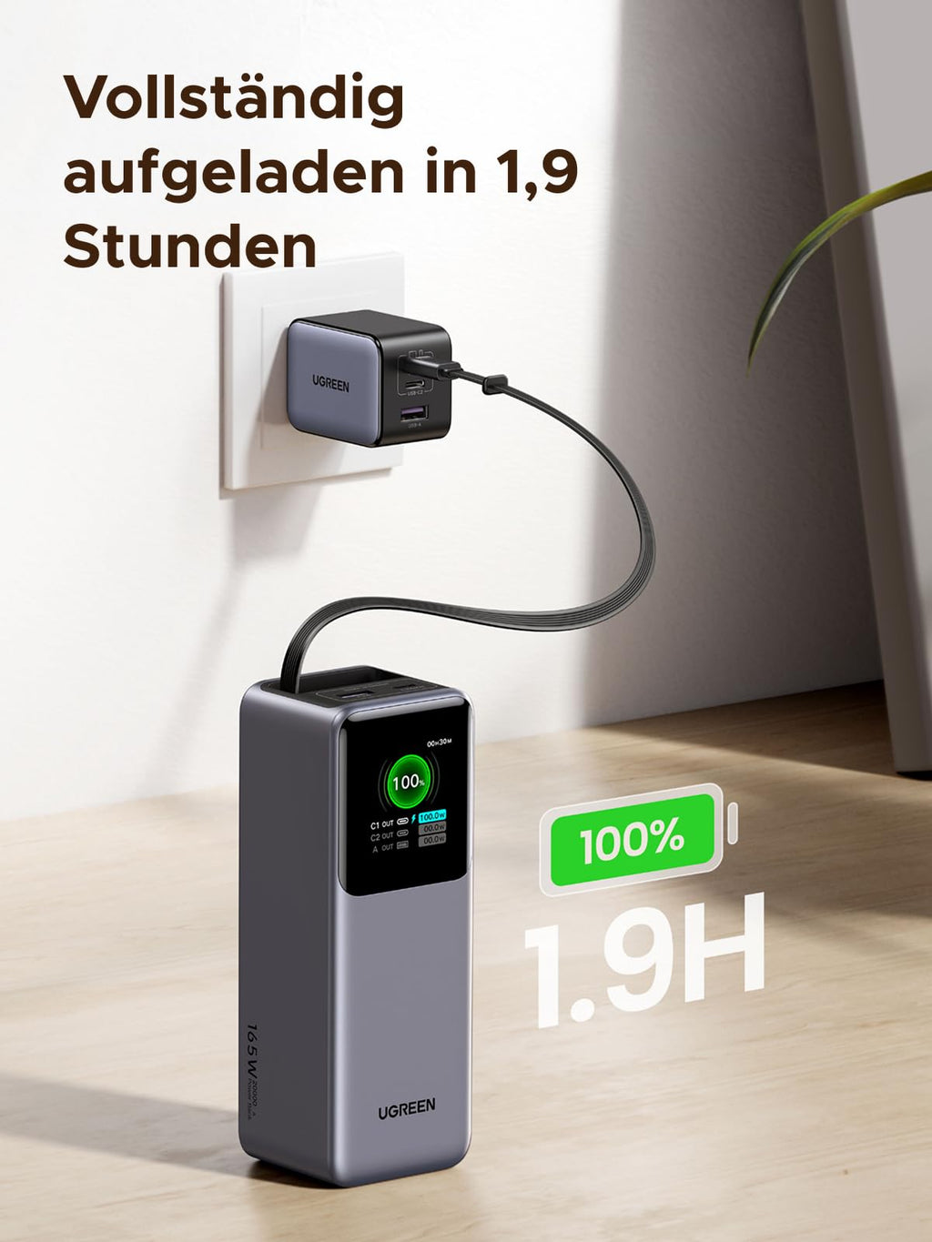 UGREEN Nexode Power Bank 20000mAh 165W met Retractable USB - C - kabel