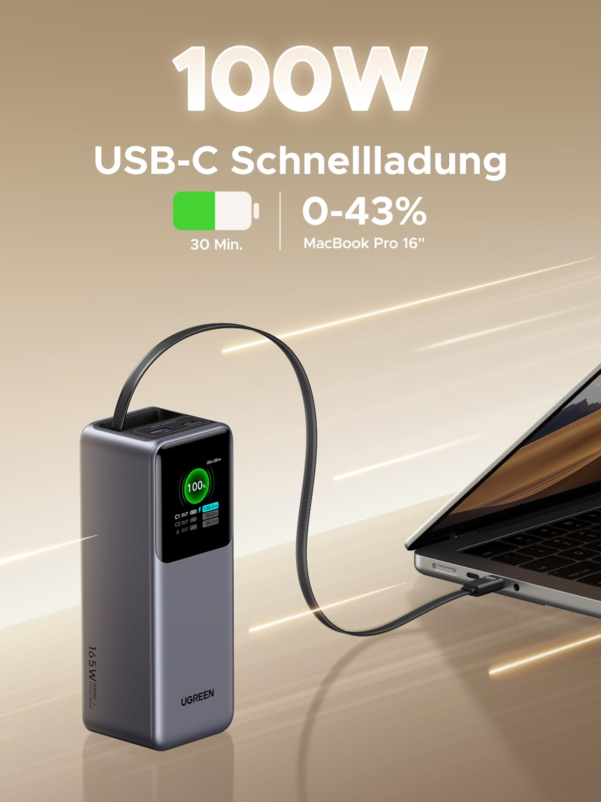 UGREEN Nexode Power Bank 20000mAh 165W met Retractable USB - C - kabel