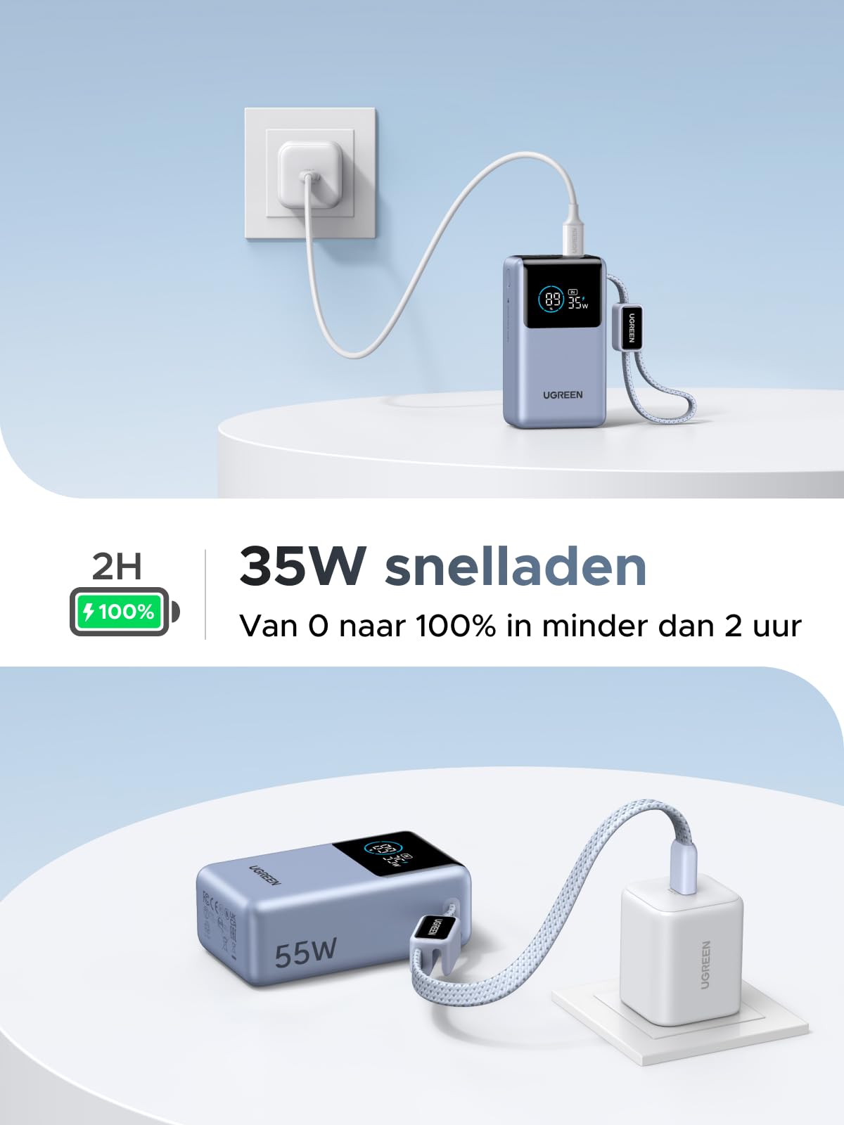 UGREEN Nexode Powerbank 10000mAh 55W met geïntegreerde USB - C - kabel