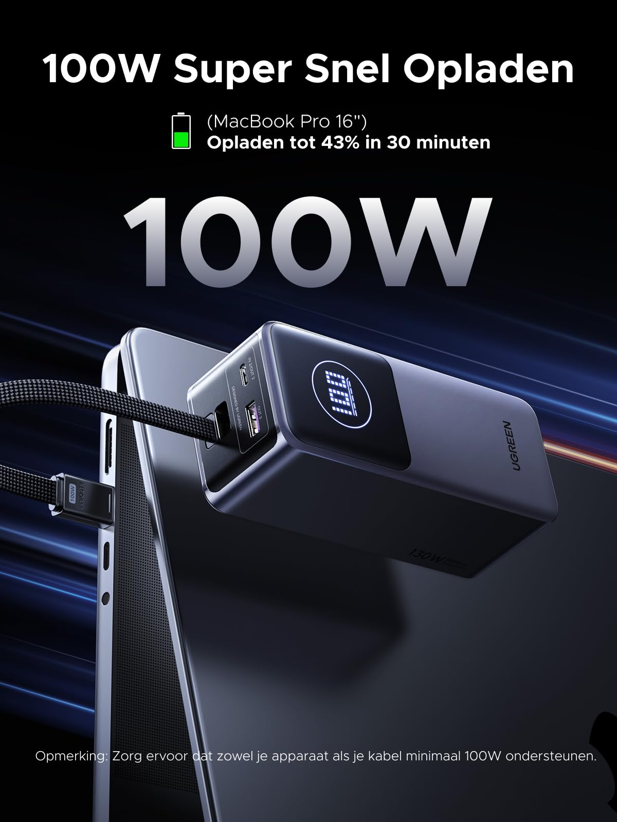 UGREEN Nexode Powerbank 20000mAh 100W met ingebouwde kabel