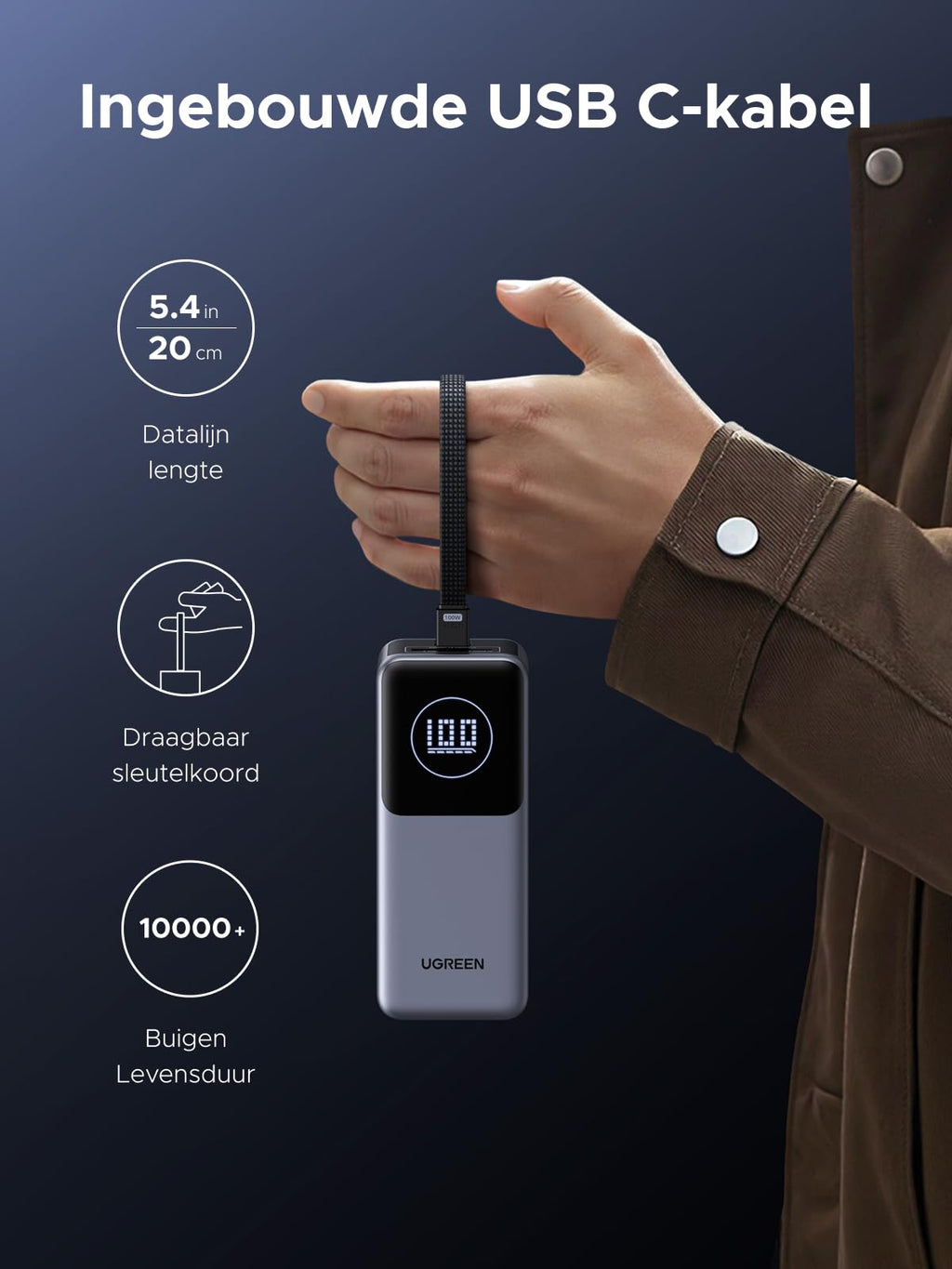 UGREEN Nexode Powerbank 20000mAh 100W met ingebouwde kabel