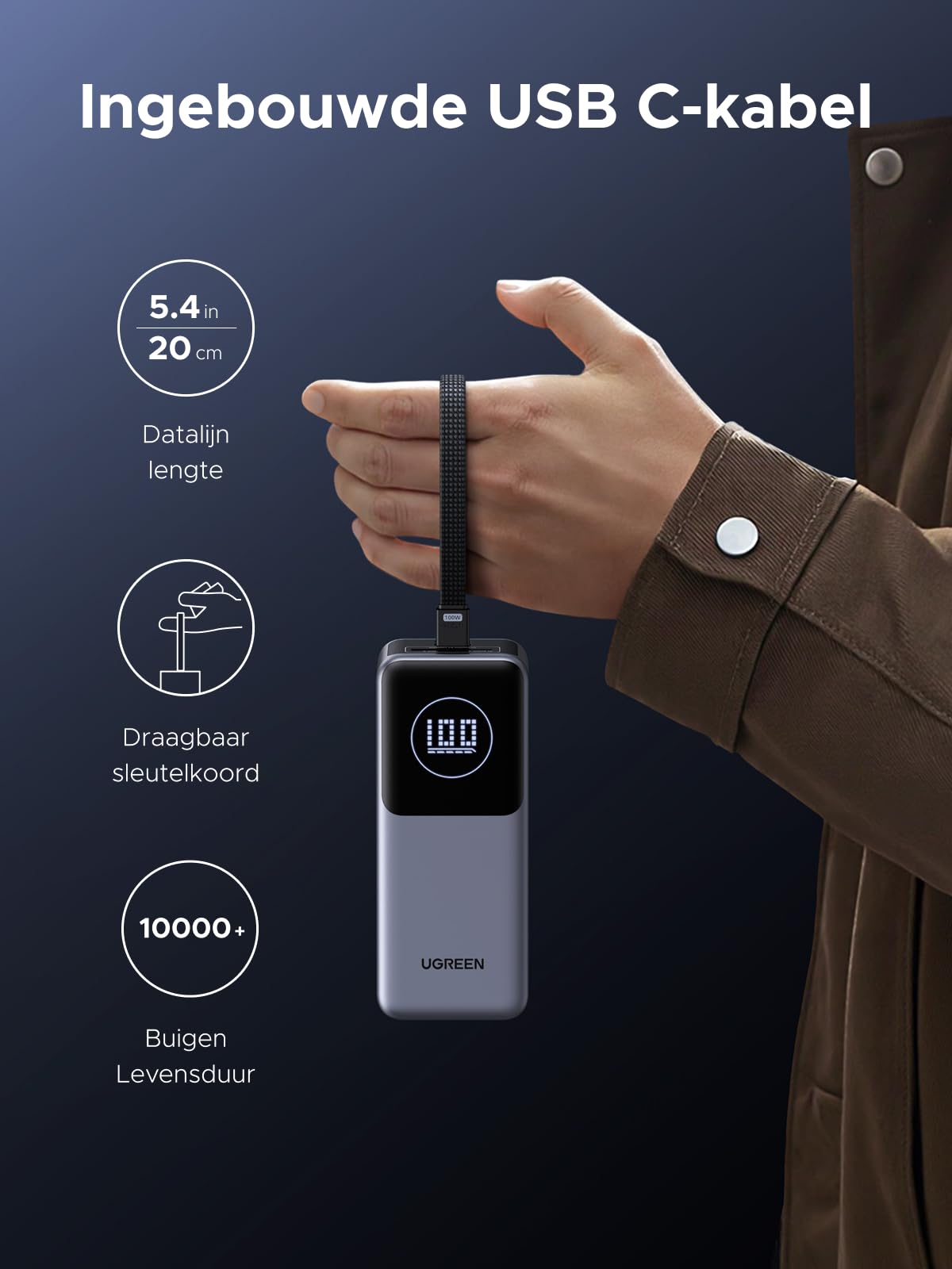 UGREEN Nexode Powerbank 20000mAh 100W met ingebouwde kabel