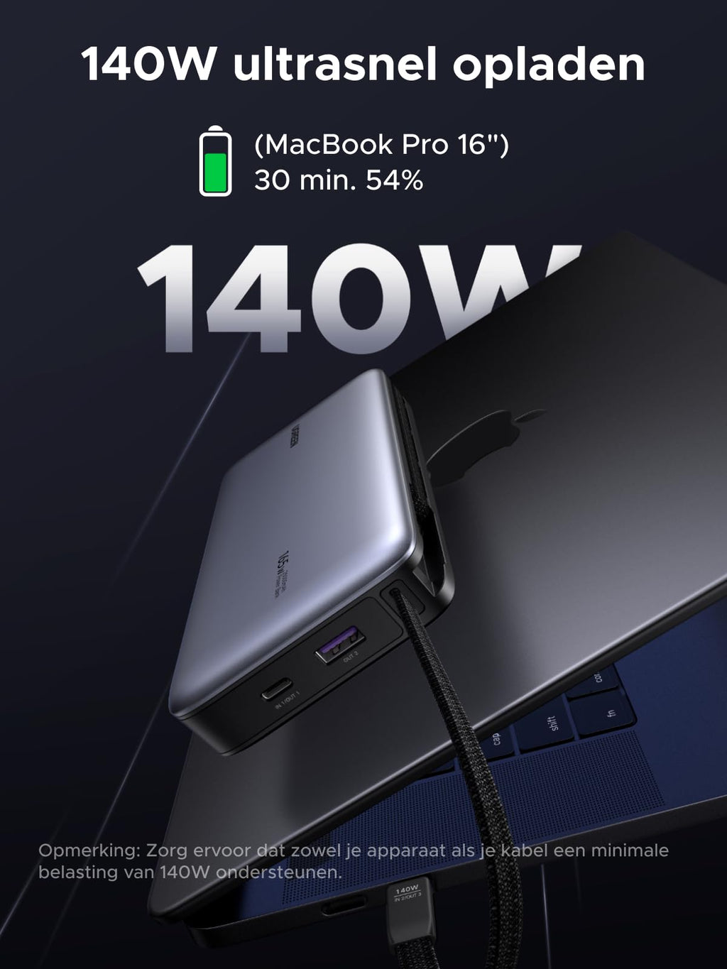 UGREEN Nexode Powerbank 25000mAh 165W met PD3.1 en dubbele USB - C - kabels