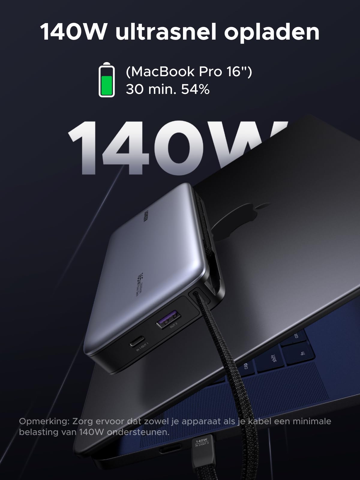 UGREEN Nexode Powerbank 25000mAh 165W met PD3.1 en dubbele USB - C - kabels