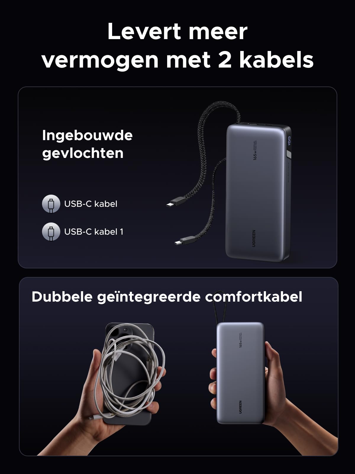UGREEN Nexode Powerbank 25000mAh 165W met PD3.1 en dubbele USB - C - kabels