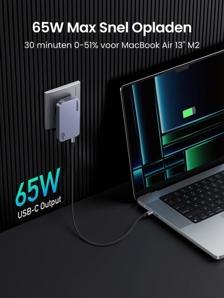 UGREEN Nexode Pro 65W USB C - oplader Slim met EU/US/UK - stekker GaN USB - C - voeding 3 - poorts oplader Snelle oplader Compatibel met MacBook Pro/Air, iPad, iPhone 15 Pro Max, Galaxy S23 Ultra, Dell XPS