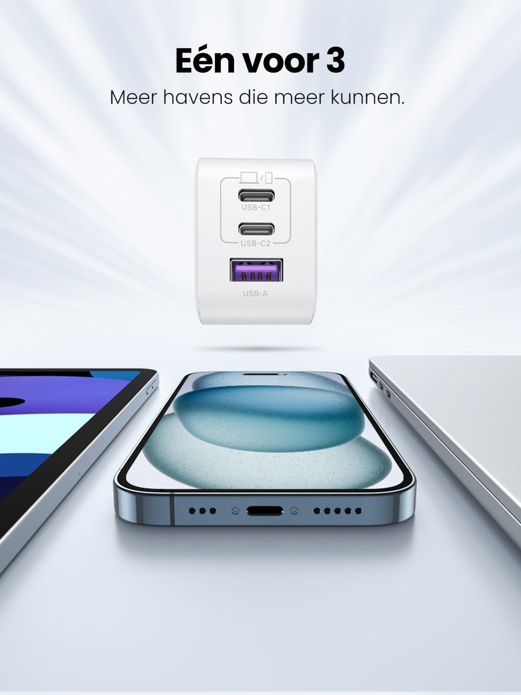 UGREEN Nexode USB C - oplader 65W USB C - Charger 3 - poorts GaN PD - oplader PPS compatibel met MacBook Pro/Air, iPhone 16 Pro Max/16 Pro/115 Pro Max/15 Pro/14, iPad Pro, Galaxy S24 Ultra/S23/ S22 (wit)