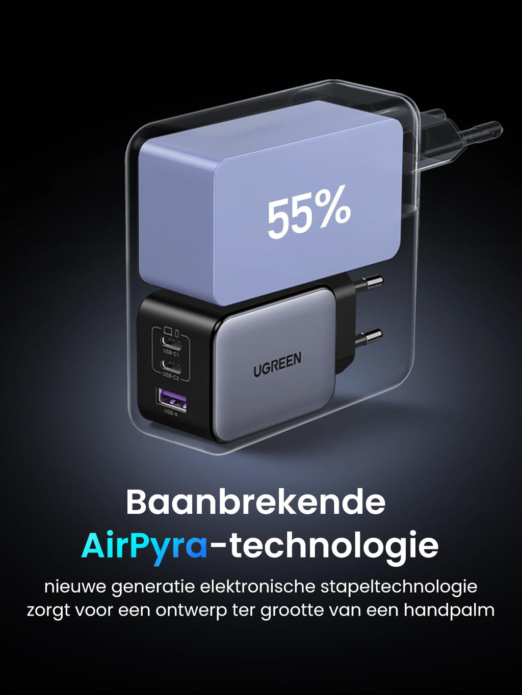 UGREEN Nexode X 65W USB-C GaN Oplader met 3 Poorten -baanbrekende airpyra-technologie