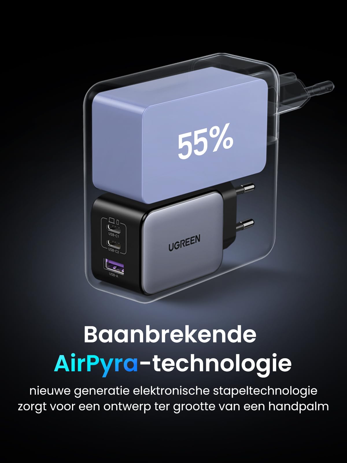 UGREEN Nexode X 65W USB-C GaN Oplader met 3 Poorten -baanbrekende airpyra-technologie