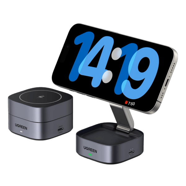 UGREEN Opvouwbaar 2 in 1 iPhone - oplaadstation compatibel met MagSafe draadloze oplader voor iPhone 15/15 Plus/15 Pro/15 Pro Max/14/13/12, AirPods, in hoek verstelbare oplaadstandaard, met 1M kabel