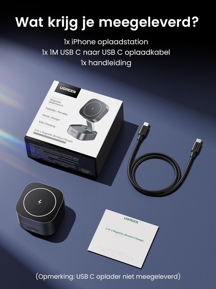 UGREEN Opvouwbaar 2 in 1 iPhone - oplaadstation compatibel met MagSafe draadloze oplader voor iPhone 15/15 Plus/15 Pro/15 Pro Max/14/13/12, AirPods, in hoek verstelbare oplaadstandaard, met 1M kabel