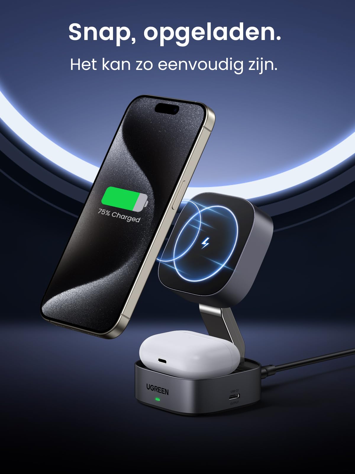 Native Union Rise 3-in-1 Magnetische Draadloze Oplader - Qi2 Gecertificeerd & MagSafe - 15W Snelladende Opvouwbare Oplaadstandaard voor iPhone 16/15/14/13, AirPods (Pro) & Apple Watch(Zwart