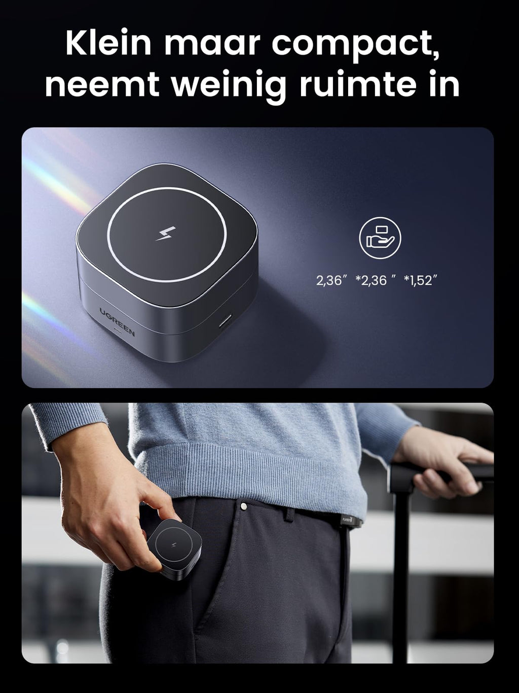UGREEN 2-in-1 15W Qi Draadloze Oplader -klein maar compact neemt weinig ruimte in