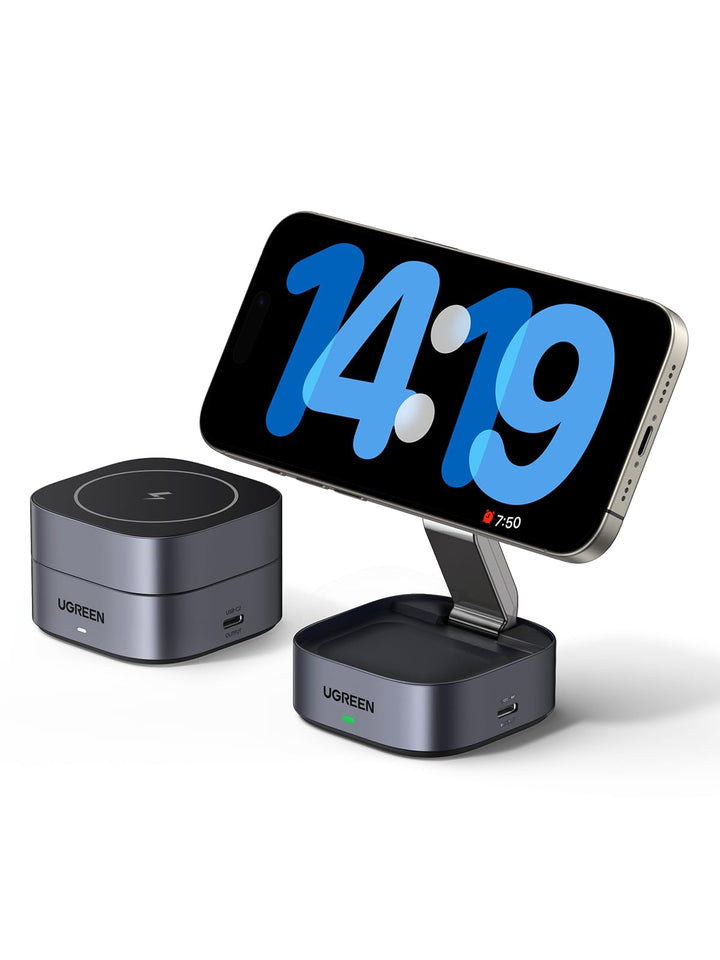 UGREEN Opvouwbaar 2 in 1 iPhone - oplaadstation compatibel met MagSafe draadloze oplader voor iPhone 15/15 Plus/15 Pro/15 Pro Max/14/13/12, AirPods, in hoek verstelbare oplaadstandaard, met 1M kabel