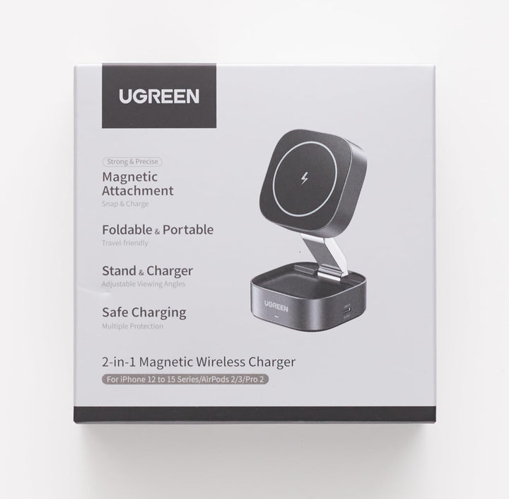 UGREEN Opvouwbaar 2 in 1 iPhone - oplaadstation compatibel met MagSafe draadloze oplader voor iPhone 15/15 Plus/15 Pro/15 Pro Max/14/13/12, AirPods, in hoek verstelbare oplaadstandaard, met 1M kabel