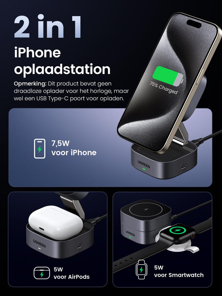 UGREEN Opvouwbaar 2 in 1 iPhone - oplaadstation compatibel met MagSafe draadloze oplader voor iPhone 15/15 Plus/15 Pro/15 Pro Max/14/13/12, AirPods, in hoek verstelbare oplaadstandaard, met 1M kabel