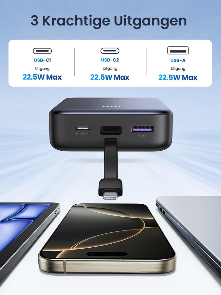 UGREEN Power Bank 20000mAh 22.5W, Powerbank met geïntegreerd USB - C - kabel, 1 USB - C, 1 USB - A, externe telefoonbatterij compatibel met iPhone 16 Pro/Pro Max/16/15/14, Galaxy S24 Ultra en meer