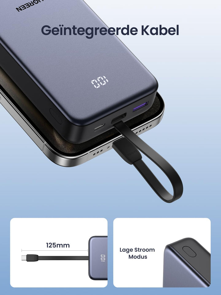 UGREEN Power Bank 20000mAh 22.5W, Powerbank met geïntegreerd USB - C - kabel, 1 USB - C, 1 USB - A, externe telefoonbatterij compatibel met iPhone 16 Pro/Pro Max/16/15/14, Galaxy S24 Ultra en meer