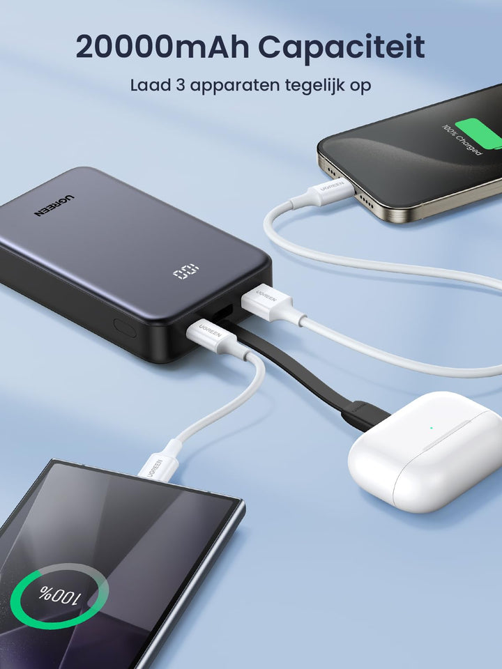 UGREEN Power Bank 20000mAh 22.5W, Powerbank met geïntegreerd USB - C - kabel, 1 USB - C, 1 USB - A, externe telefoonbatterij compatibel met iPhone 16 Pro/Pro Max/16/15/14, Galaxy S24 Ultra en meer