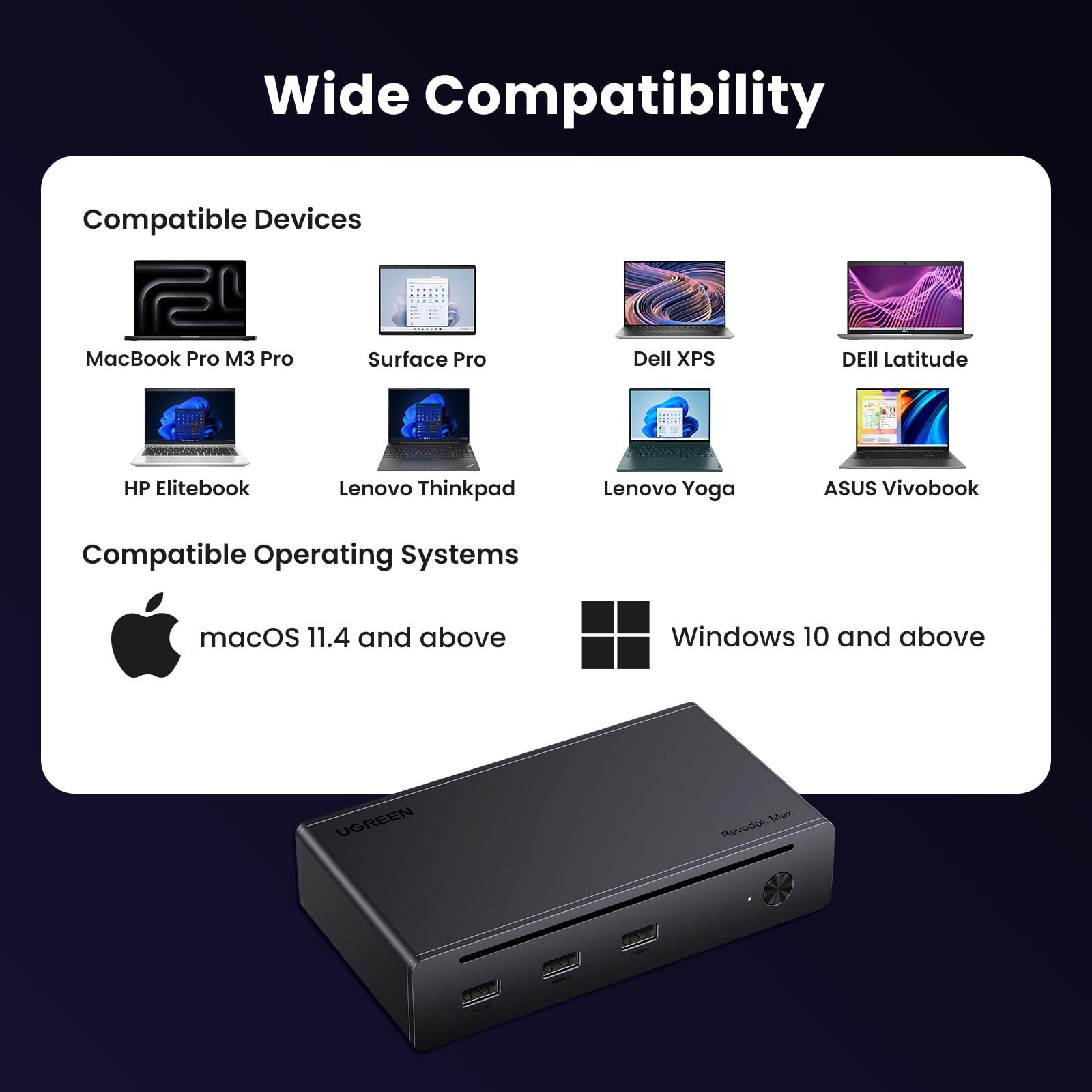 UGREEN Revodok Max 208 Thunderbolt 4 Dock 40 Gbps 8-in-1 dockingstation 3*Thunderbolt 4 (dubbel 4K bij 60 Hz, enkel 8K-scherm), 85 W opladen voor laptop, Gigabit Ethernet