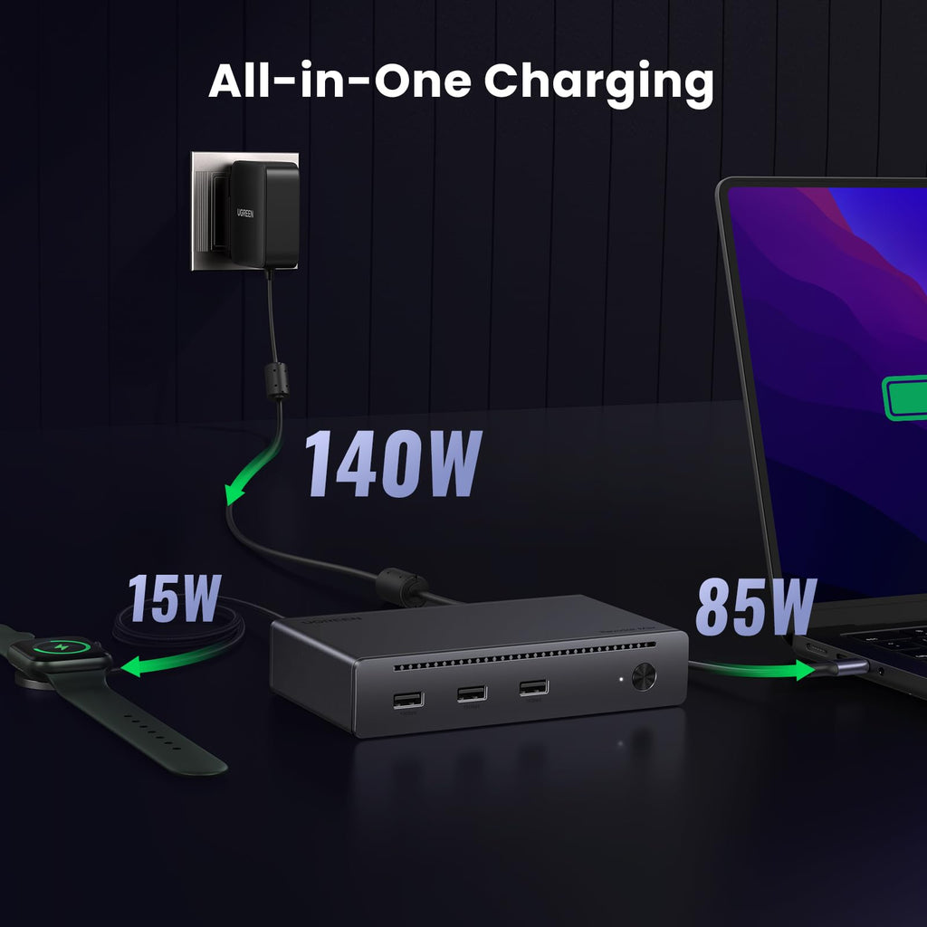 UGREEN Revodok Max 208 Thunderbolt 4 Dock 40 Gbps 8-in-1 dockingstation 3*Thunderbolt 4 (dubbel 4K bij 60 Hz, enkel 8K-scherm), 85 W opladen voor laptop, Gigabit Ethernet