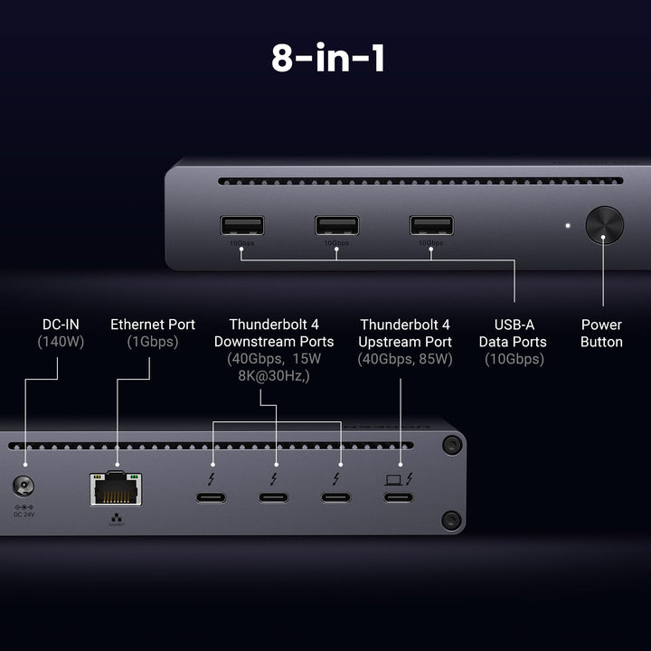 UGREEN Revodok Max 208 Thunderbolt 4 Dock 40 Gbps 8-in-1 dockingstation 3*Thunderbolt 4 (dubbel 4K bij 60 Hz, enkel 8K-scherm), 85 W opladen voor laptop, Gigabit Ethernet