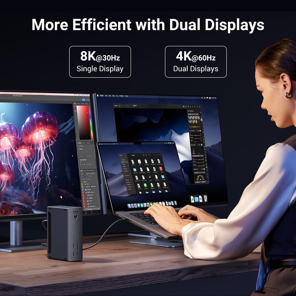 UGREEN Revodok Max 213 Thunderbolt 4 Dock 40Gbps (dubbel 4K bij 60 Hz, enkel 8K-scherm), 13-in-1 dockingstation 90W opladen voor laptop, 2,5 Gbps Ethernet, microSD&SD 4.0, 3,5 mm Aux