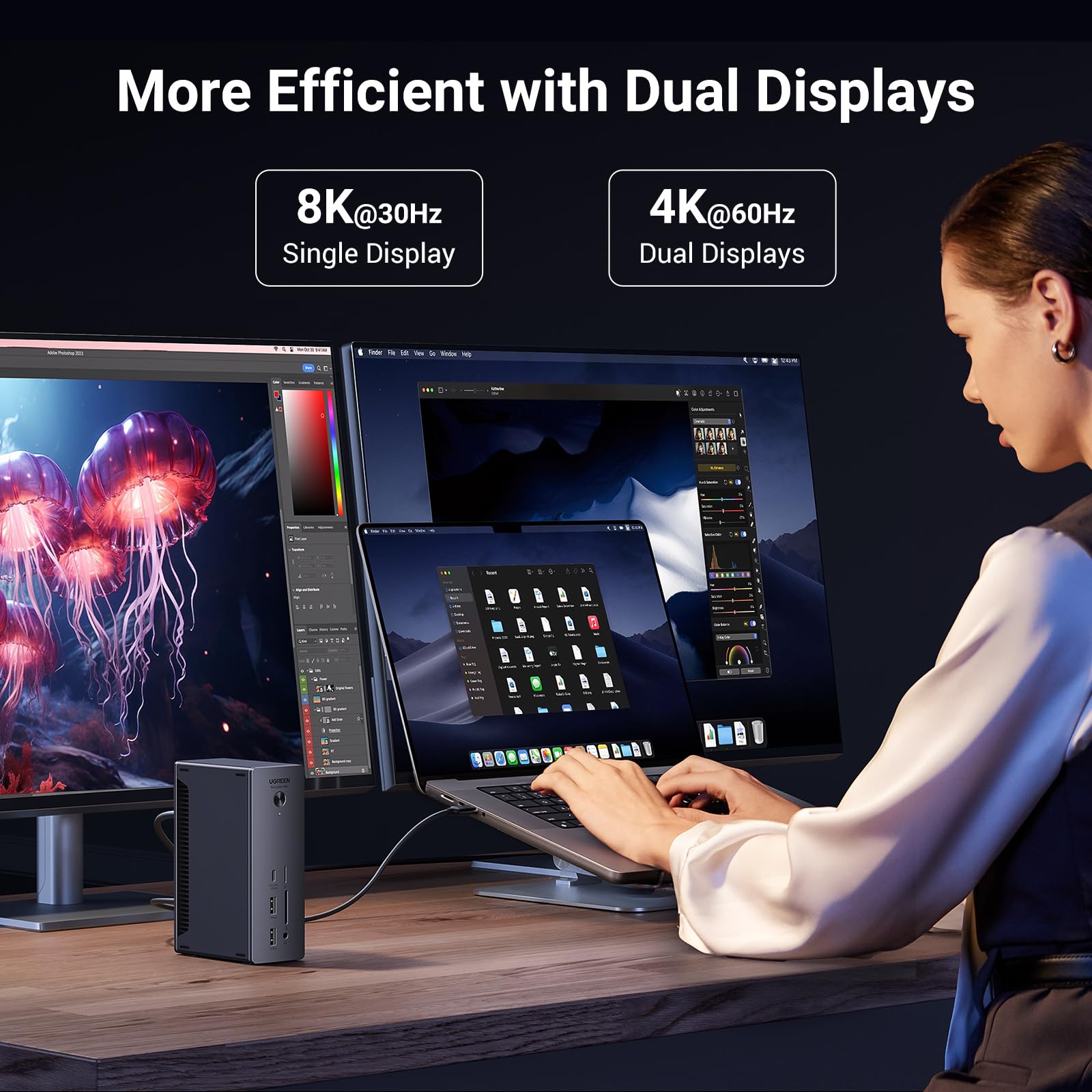 UGREEN Revodok Max 213 Thunderbolt 4 Dock 40Gbps (dubbel 4K bij 60 Hz, enkel 8K-scherm), 13-in-1 dockingstation 90W opladen voor laptop, 2,5 Gbps Ethernet, microSD&SD 4.0, 3,5 mm Aux