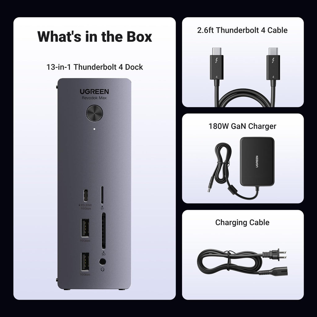 UGREEN Revodok Max 213 Thunderbolt 4 Dock 40Gbps (dubbel 4K bij 60 Hz, enkel 8K-scherm), 13-in-1 dockingstation 90W opladen voor laptop, 2,5 Gbps Ethernet, microSD&SD 4.0, 3,5 mm Aux