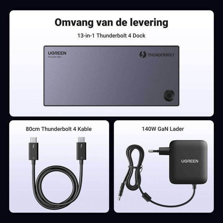 UGREEN Revodok Max 313 Thunderbolt 4 Dock 40Gbps Dockingstation met drie schermen (drievoudig 4K@60Hz, enkel 8K - scherm), 13 - in - 1 dockingstation 140W GaN - laadingang, microSD&SD 4.0, Ethernet, 3.5mm Aux