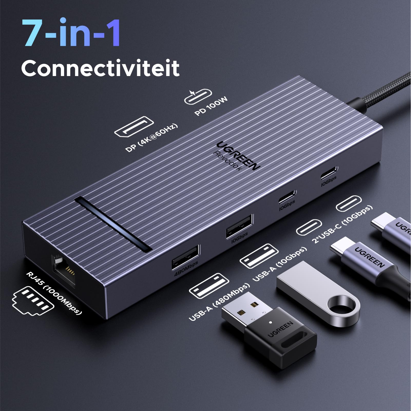UGREEN Revodok Pro 1071 7 - IN - 1 USB - C - hub (4K@60Hz, 10Gbps, 100W PD)