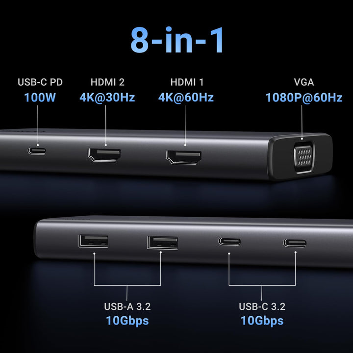 UGREEN Revodok Pro 308 Triple Display Docking Station USB C Hub 2HDMI VGA(4K@60Hz 10Gbps )