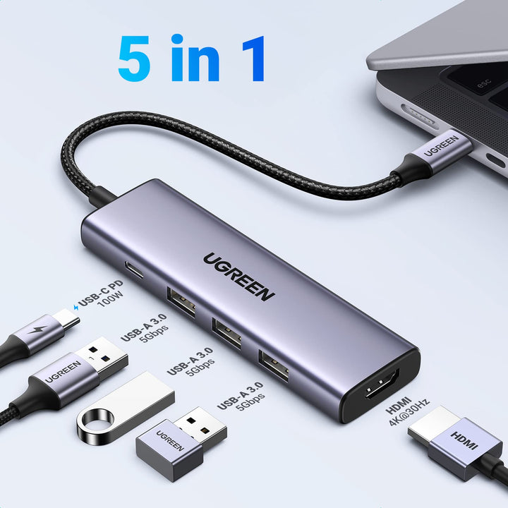 UGREEN Revodok USB C Hub PD100W, 4K HDMI, 3*USB A 3.0 5Gbps USB C Dock USB C Adapter Multipoort Adapter Compatibel met iPhone 15 Serie, Galaxy S24, Surface, MacBook Pro/Air, iPad Pro, Steam Deck etc.