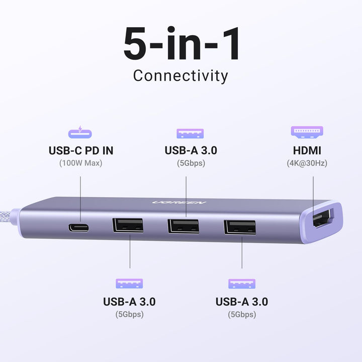 UGREEN Revodok USB C Hub Stijlvolle serie USB C - adapter PD100W, 4K HDMI (Paars)