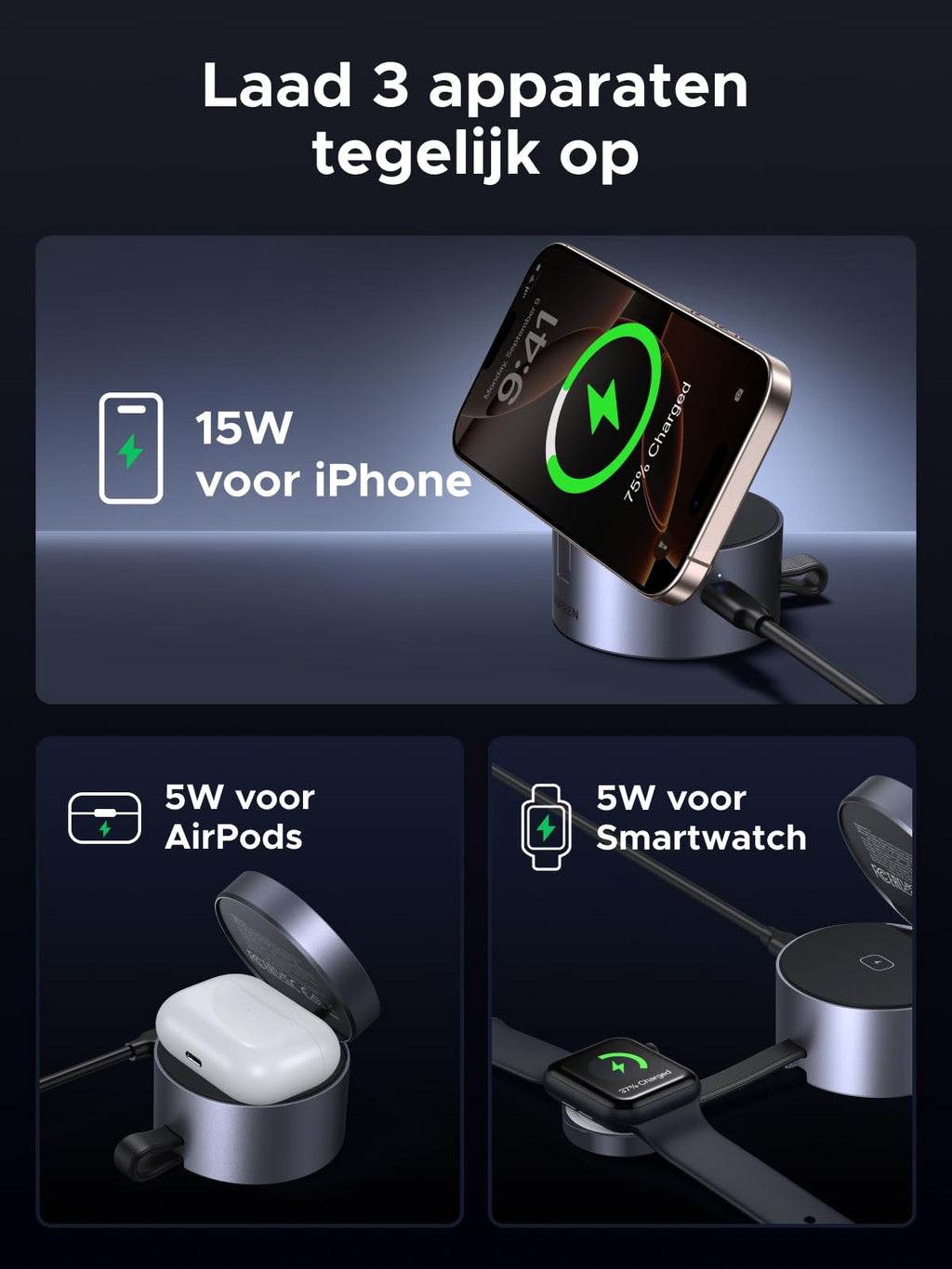 UGREEN UNO 3 - in - 1 Magnetische Draadloze Oplader 25W (MagSafe - compatibel)