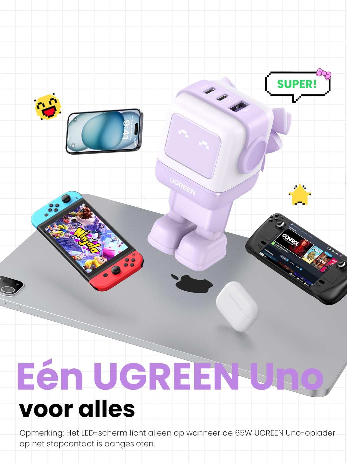 UGREEN Uno oplader 65W USB C GaN II Tech Snellader (Violett)