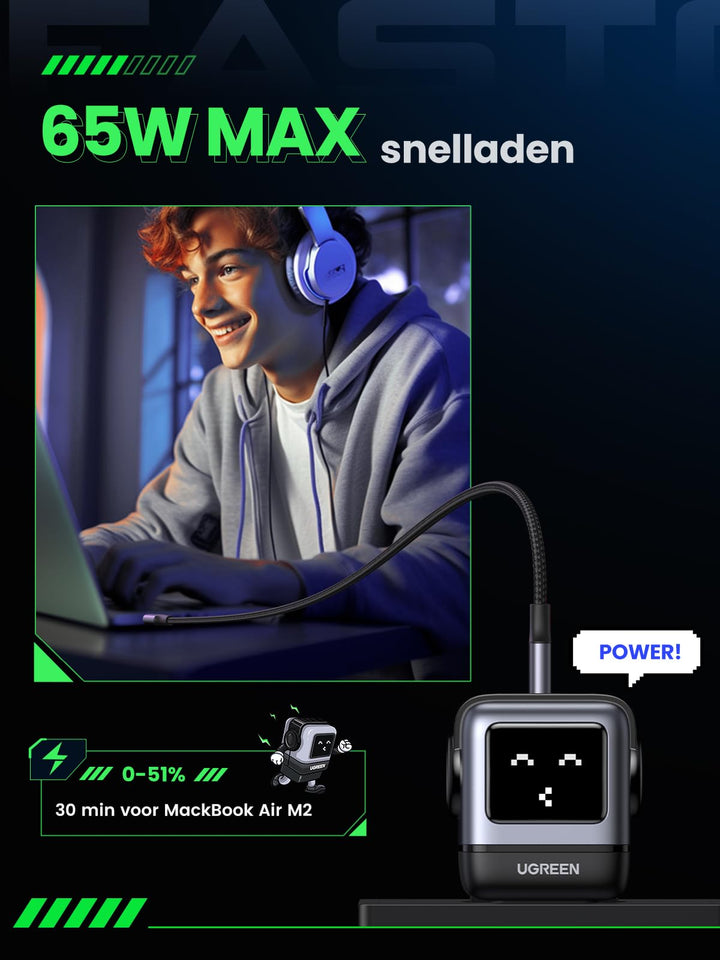 UGREEN Uno oplader 65W USB C - voeding 3 - poorts snellader GaN (zwart)